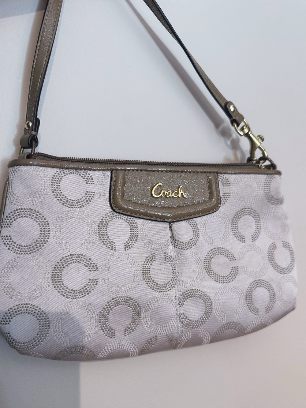 Coach Ashley Dotted Op Art Signature Monogram Khaki Taupe Large Wristlet